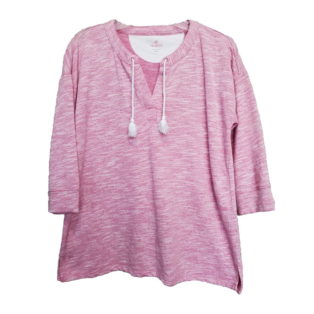 T By Talbots French Terry Pink Tasseled 3/4 Sleeve Knit Top Size MP
